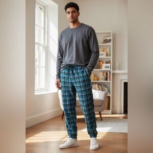 New Men’s fleece blue plaid pajama bottoms